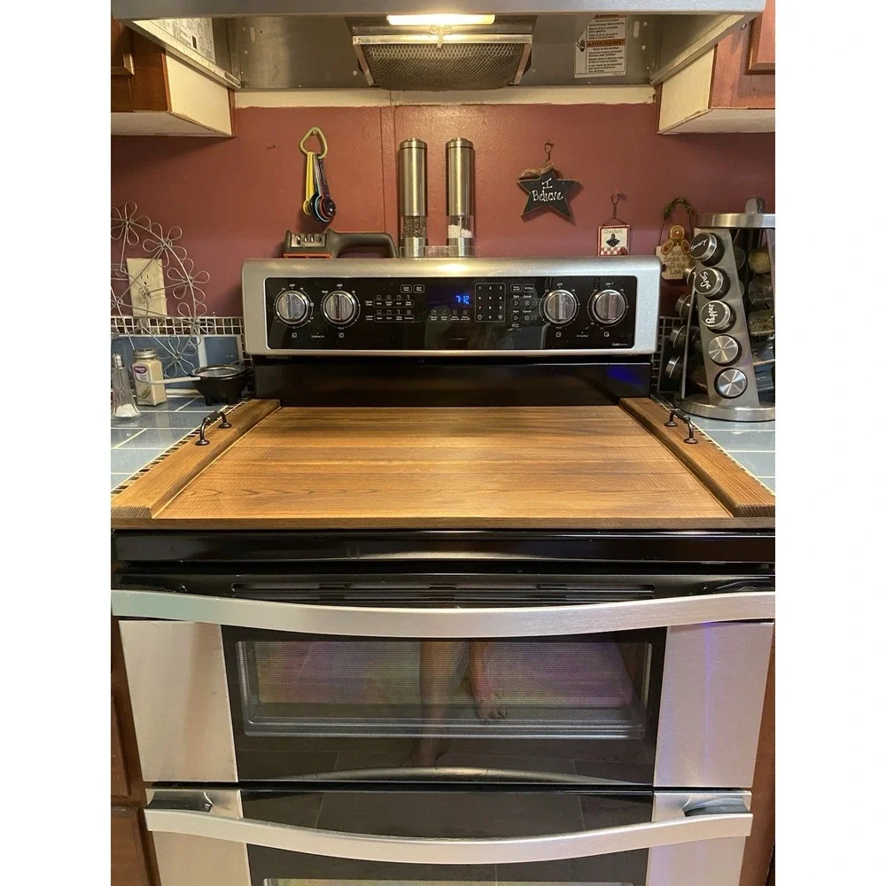 Handmade Rustic Wooden Stove Cover Noodle Board w/ Handles Farmhouse Decor‎ NEW